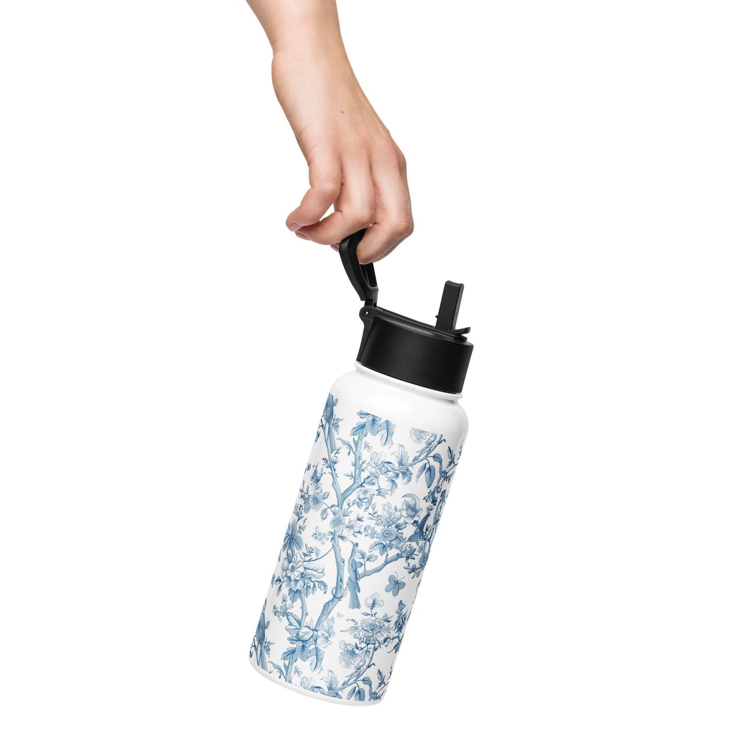 Toile De Jouy Blue Birds Stainless steel water bottle with straw lid 32oz, gym girl gift, fitness water bottle, yoga gift, wife anniversary