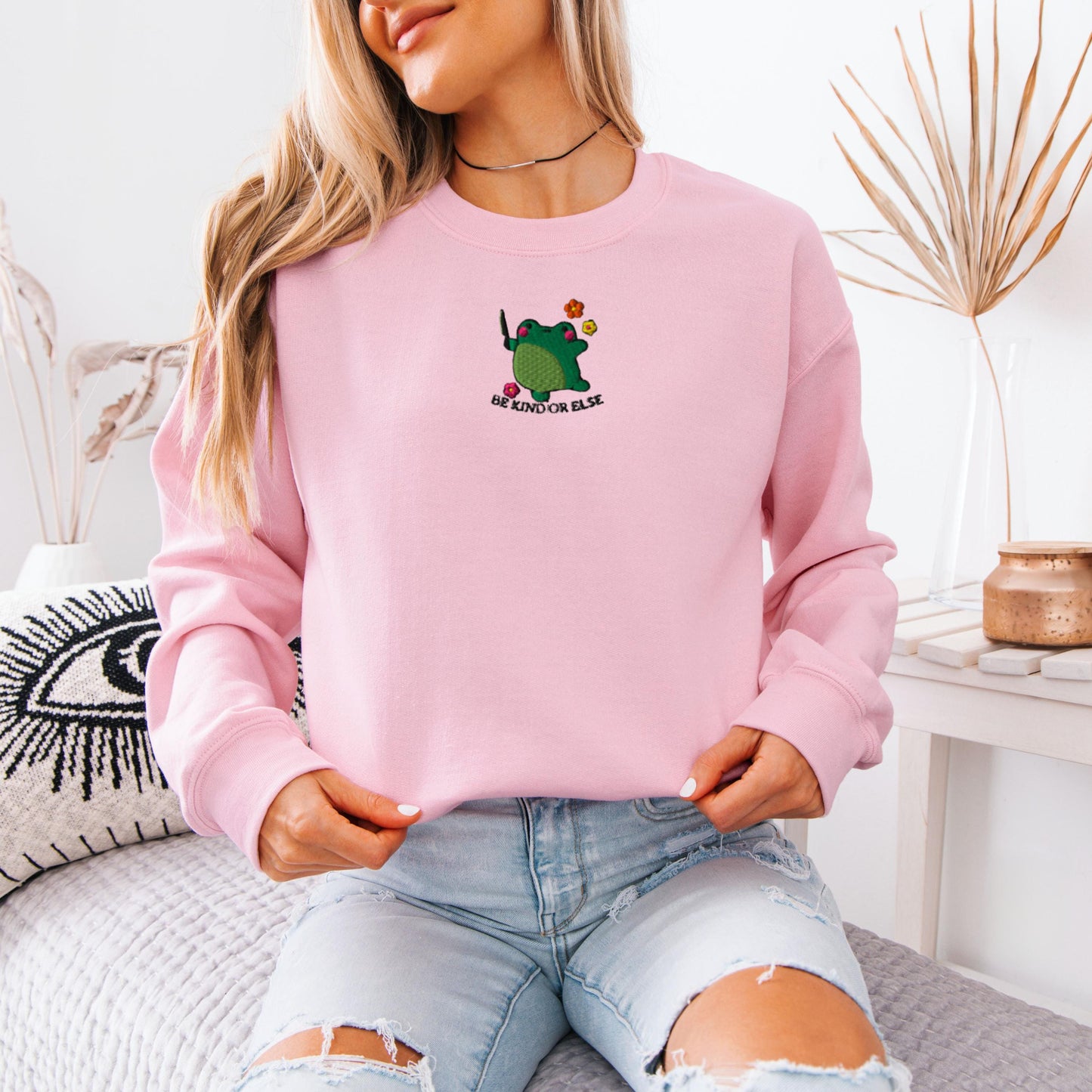 Embroidered Be Kind Or Else Frog Sweatshirt, sarcastic gift, funny y2k aesthetic college girlie shirt, dutecore gift for her, mom gift