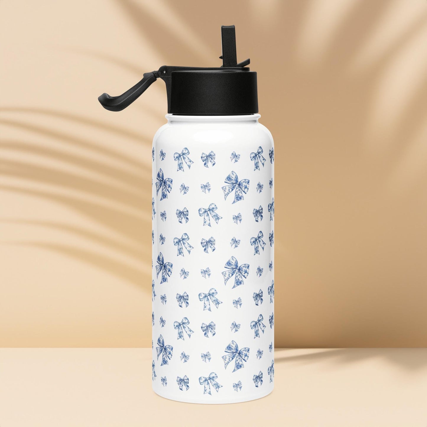 Toile de jouy blue bows stainless steel water bottle with a straw lid - gym girl gift