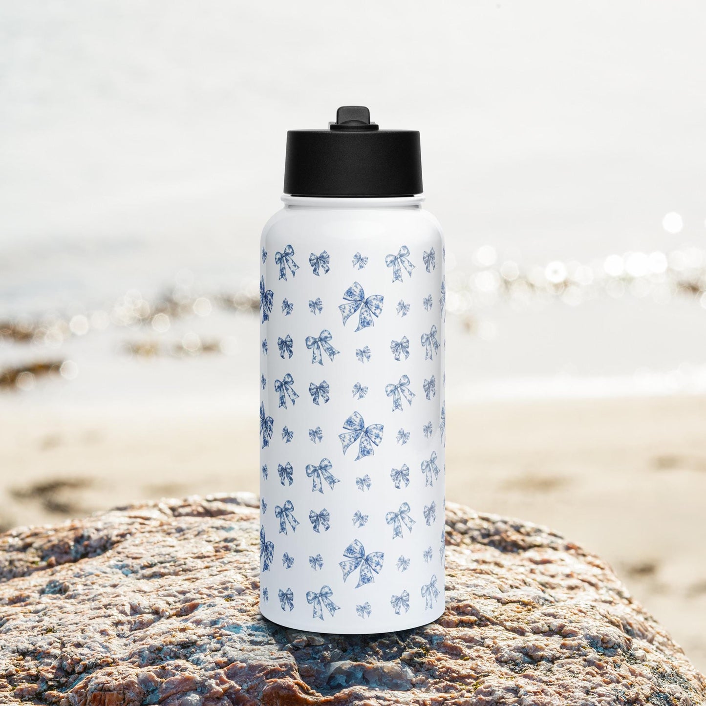 Toile De Jouy Blue Bows Stainless Steel Water Bottle with a straw lid, gym girl gift, fitness water bottle, yoga gift, workout accessories