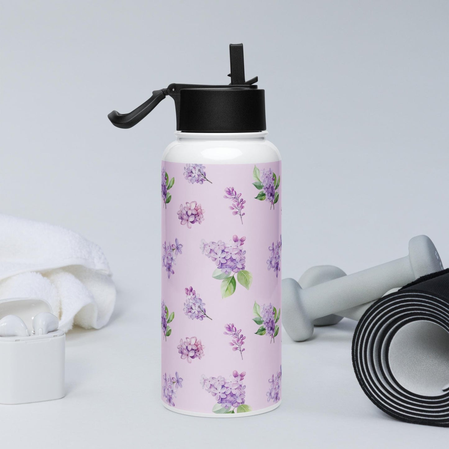 Lilac Flowers Stainless Steel Water Bottle with a straw lid, gym girl gift, fitness water bottle, yoga gift, workout accessories, dog walker