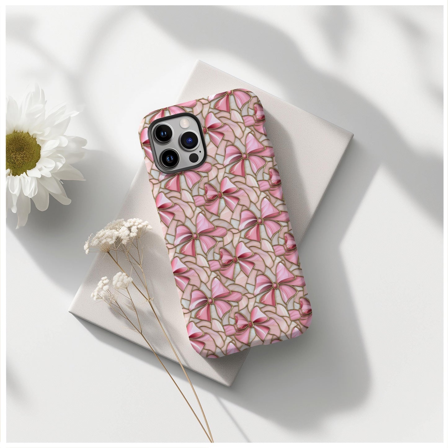 Valentine day coquette stained glass pink bow phone case for iPhone, for Samsung Galaxy, for Google Pixel