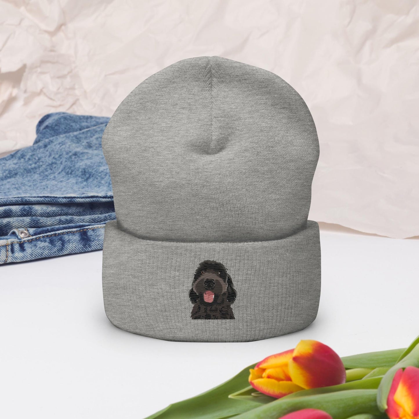 Embroidered black Goldendoodle beanie