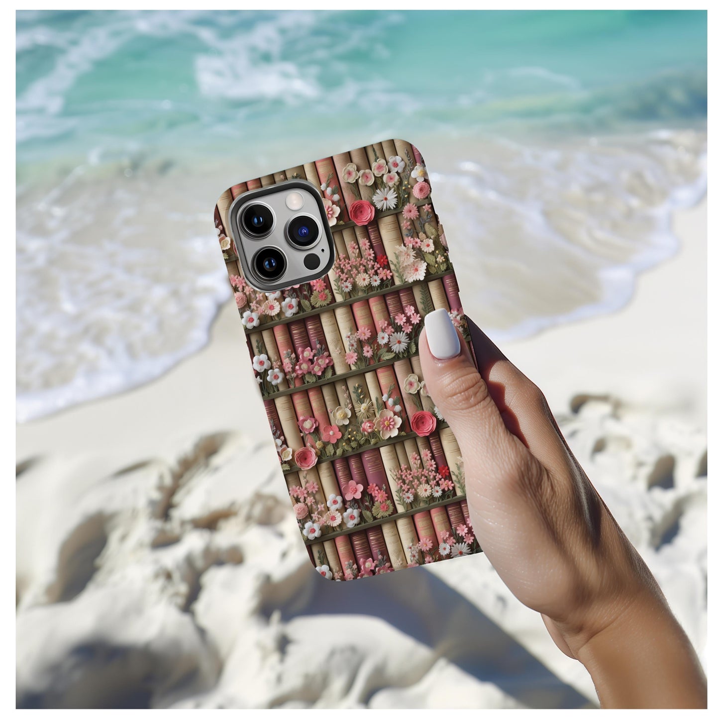 Cute bookish Floral Phone Case, cottagecore phone cover, book lover gift, book aesthetic, 3d look, gift for her, for iPhone 16 pro max