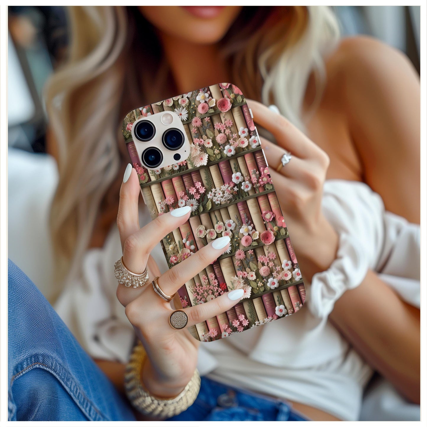 Cute bookish Floral Phone Case, cottagecore phone cover, book lover gift, book aesthetic, 3d look, gift for her, for iPhone 16 pro max