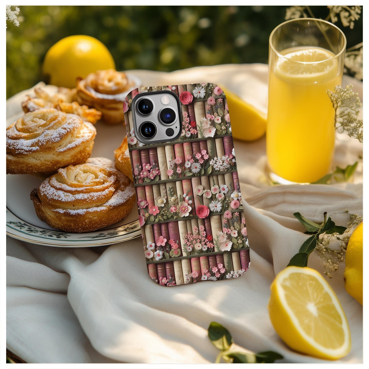 Cute bookish Floral Phone Case, cottagecore phone cover, book lover gift, book aesthetic, 3d look, gift for her, for iPhone 16 pro max