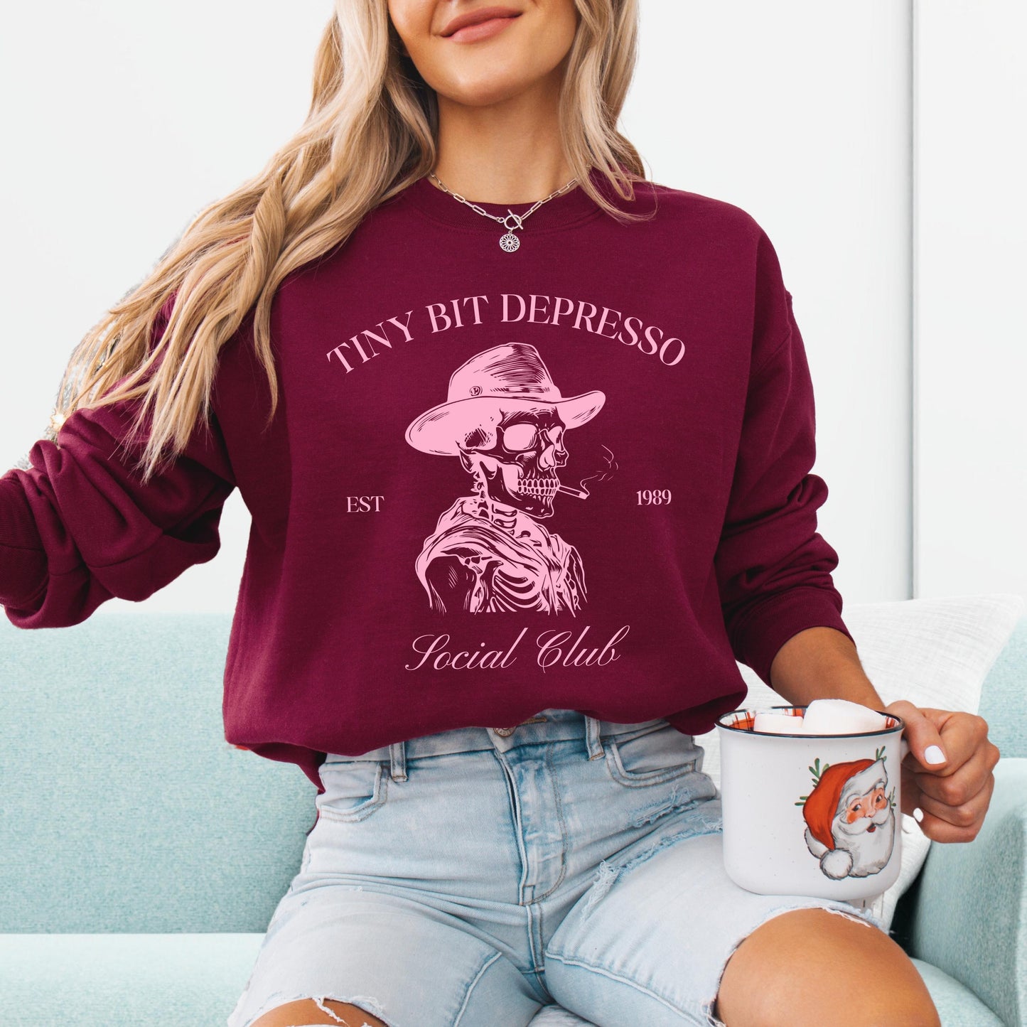 Tiny Bit Depresso Social Club Shirt, sarcastic best friend gift, winter sweatshirt, cowboy crewneck, cowgirl gifts, gothic gifts, western