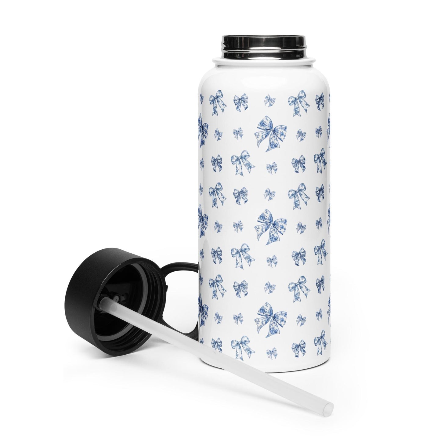 Toile De Jouy Blue Bows Stainless Steel Water Bottle with a straw lid, gym girl gift, fitness water bottle, yoga gift, workout accessories