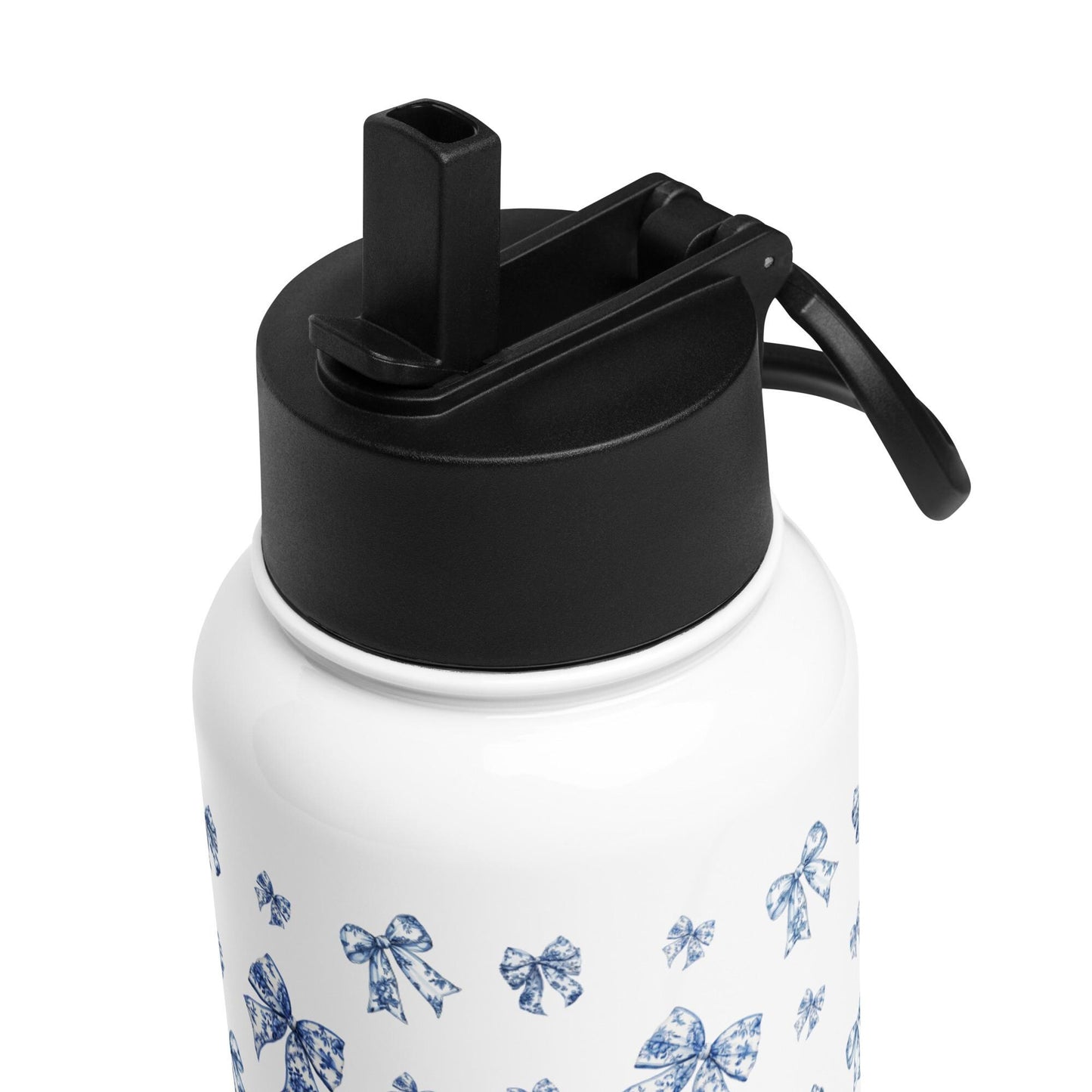 Toile De Jouy Blue Bows Stainless Steel Water Bottle with a straw lid, gym girl gift, fitness water bottle, yoga gift, workout accessories