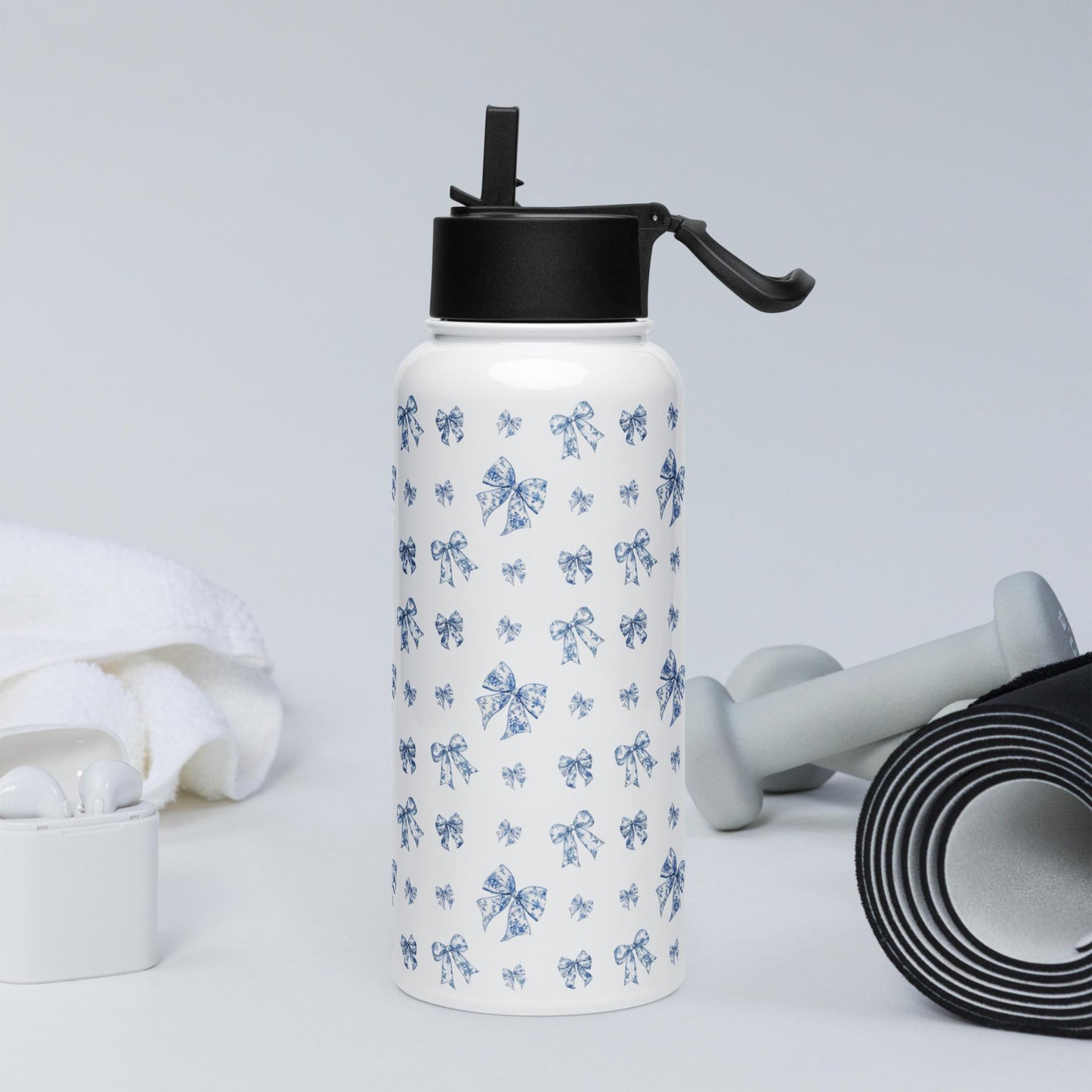 Toile De Jouy Blue Bows Stainless Steel Water Bottle with a straw lid, gym girl gift, fitness water bottle, yoga gift, workout accessories