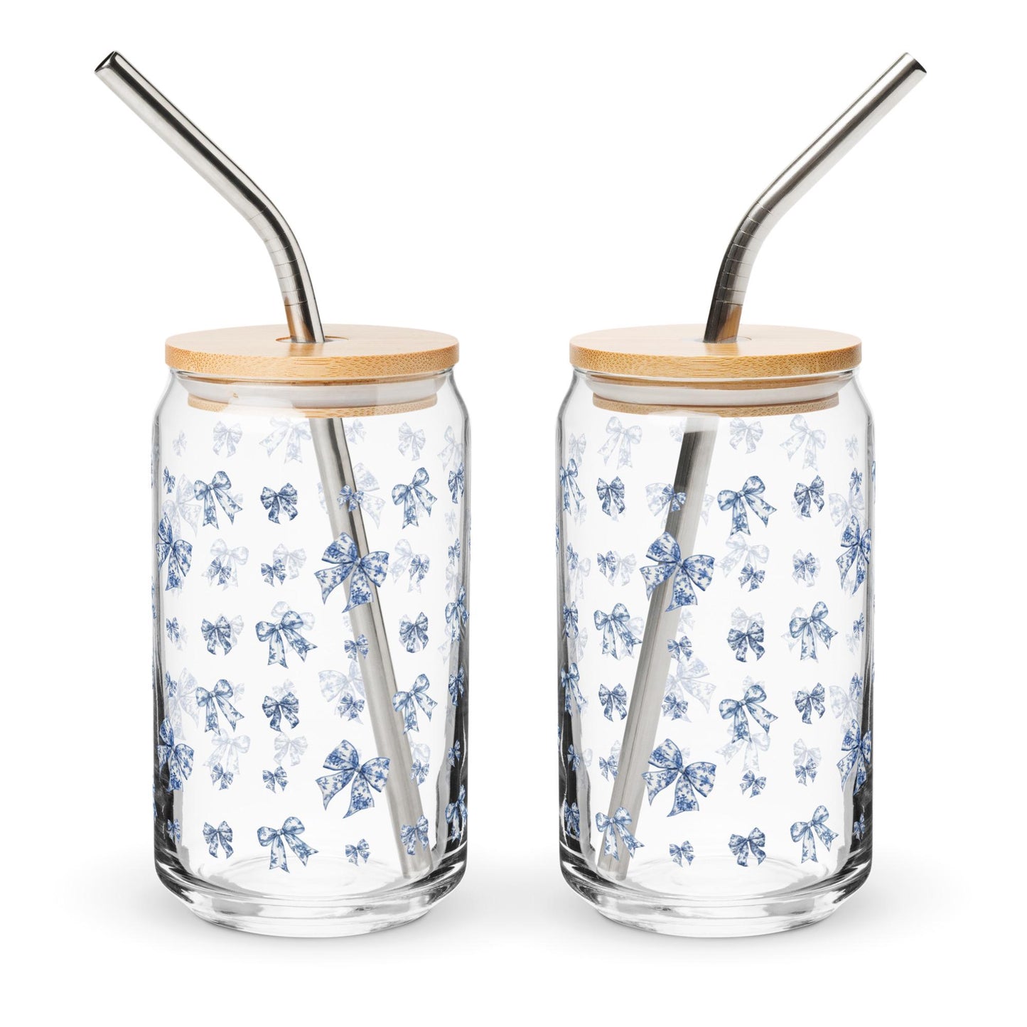 Coquette Toile De Jouy Blue Bows Can Glass, iced coffee glass, y2k girlie gift, latte mug, valentines can glass gift, daughter birthday gift