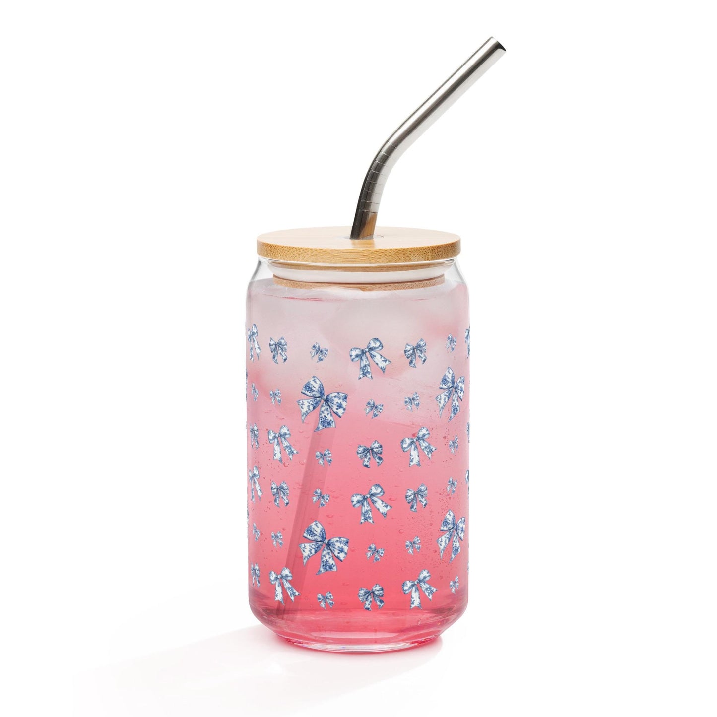 Coquette Toile De Jouy Blue Bows Can Glass, iced coffee glass, y2k girlie gift, latte mug, valentines can glass gift, daughter birthday gift