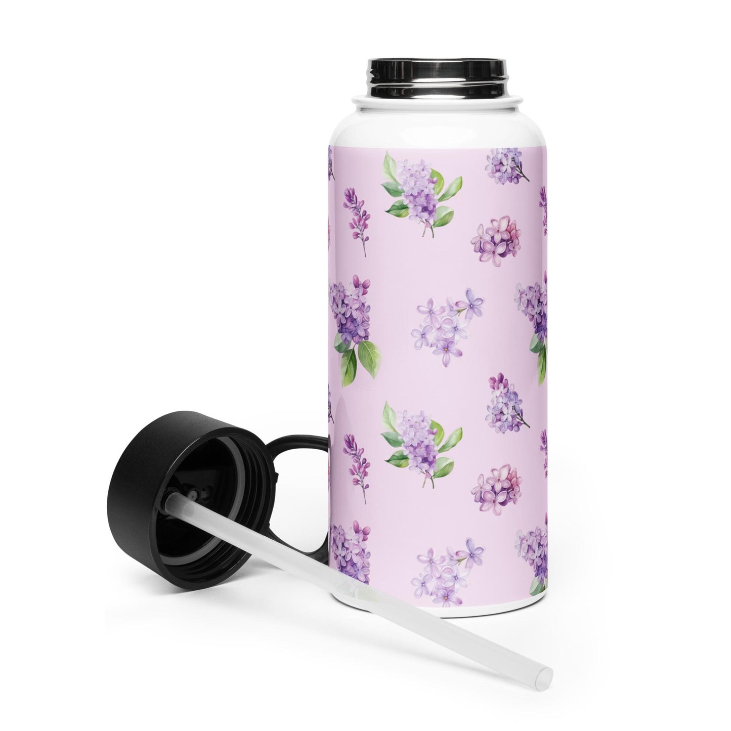 Lilac Flowers Stainless Steel Water Bottle with a straw lid, gym girl gift, fitness water bottle, yoga gift, workout accessories, dog walker