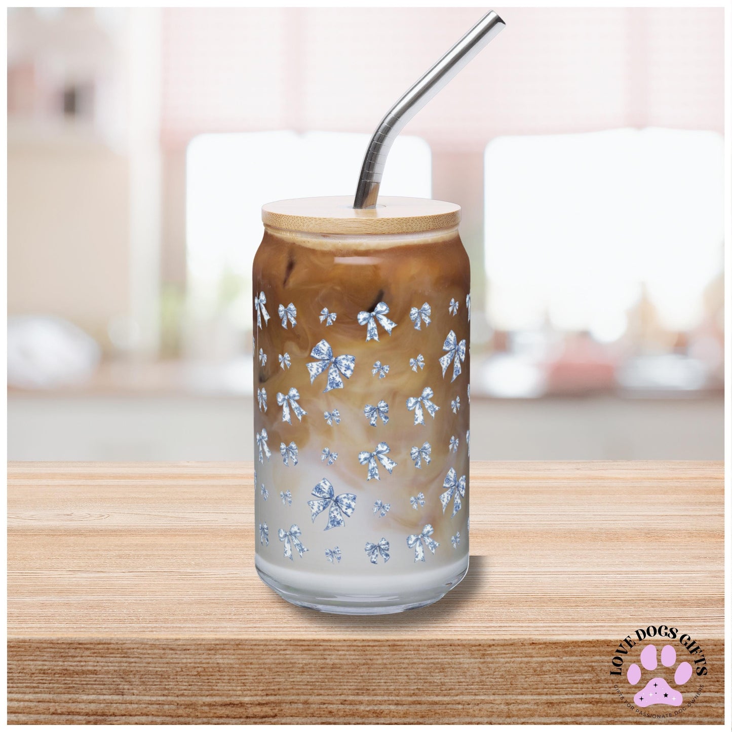 Coquette toile de jouy blue bows can glass with lid and straw - gift for her