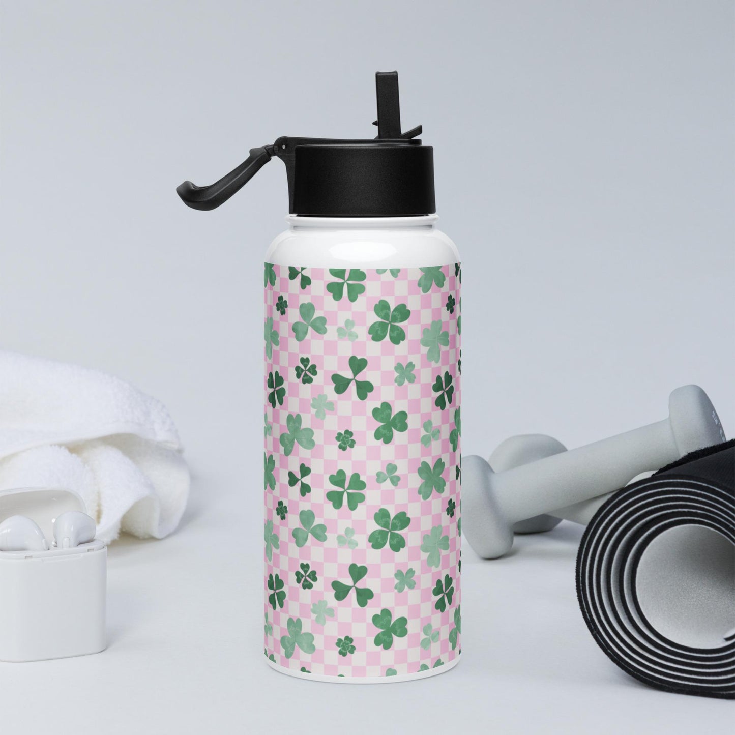Retro Shamrock water bottle, straw lid 32oz stainless steel bottle, st paddys day gift, saint patricks gift, gift for her, camping bottle