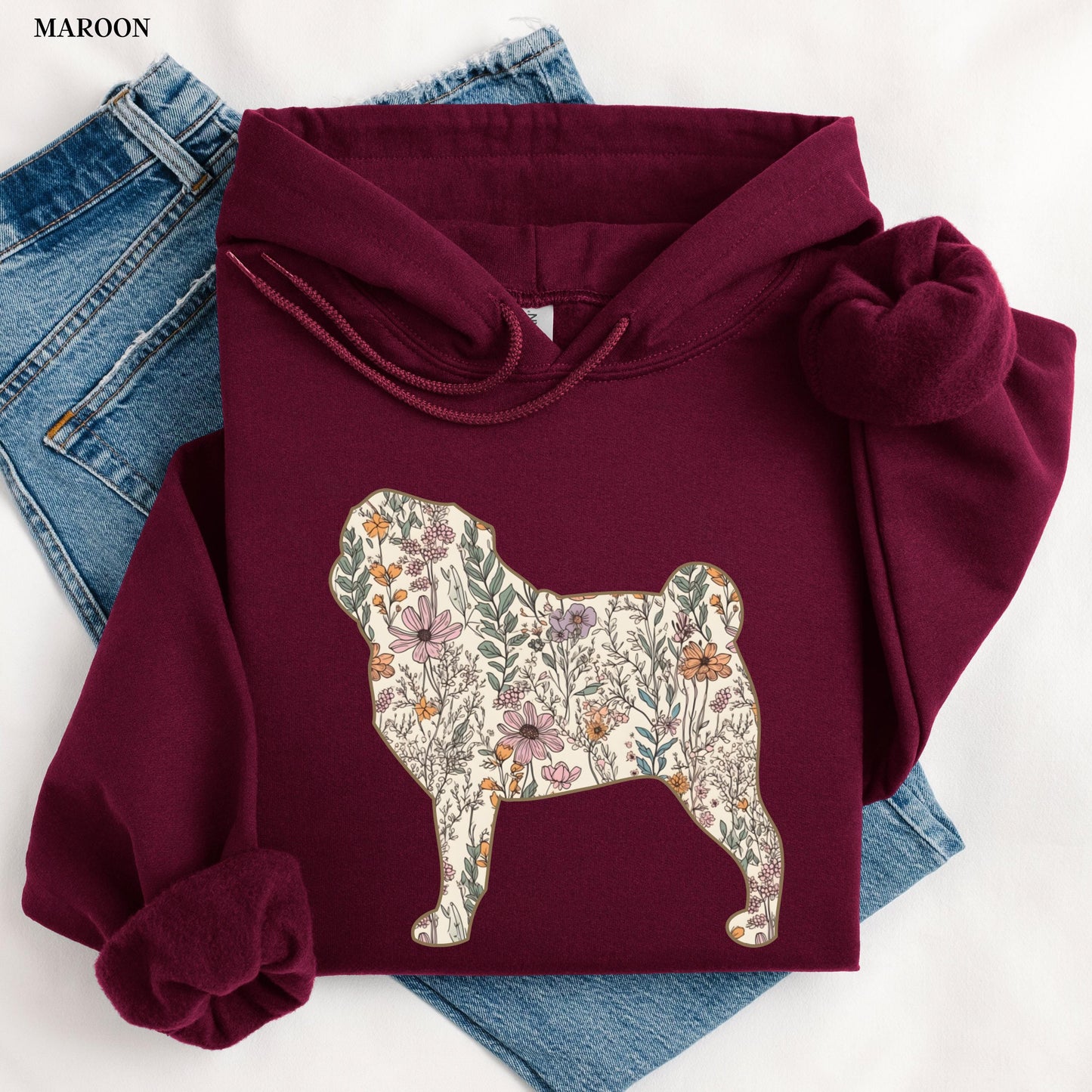 Wildflower Pug Dog Hoodie, pug dog gift, cottagecore pug mama, black pug puppy hoodie, gift for dog owner, pug breeder, cute pug mom hoodie