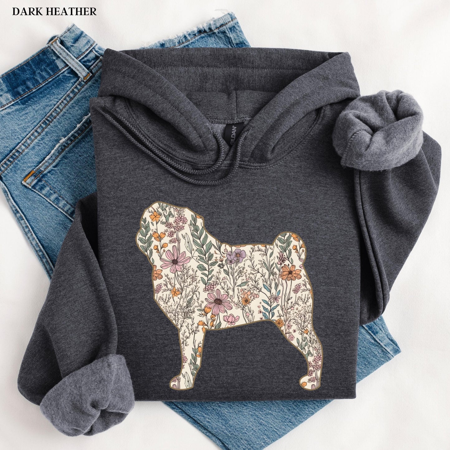 Wildflower Pug Dog Hoodie, pug dog gift, cottagecore pug mama, black pug puppy hoodie, gift for dog owner, pug breeder, cute pug mom hoodie
