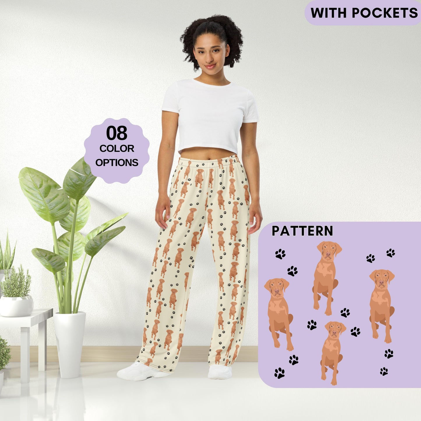 A woman wearing a Vizsla dog pajama pants