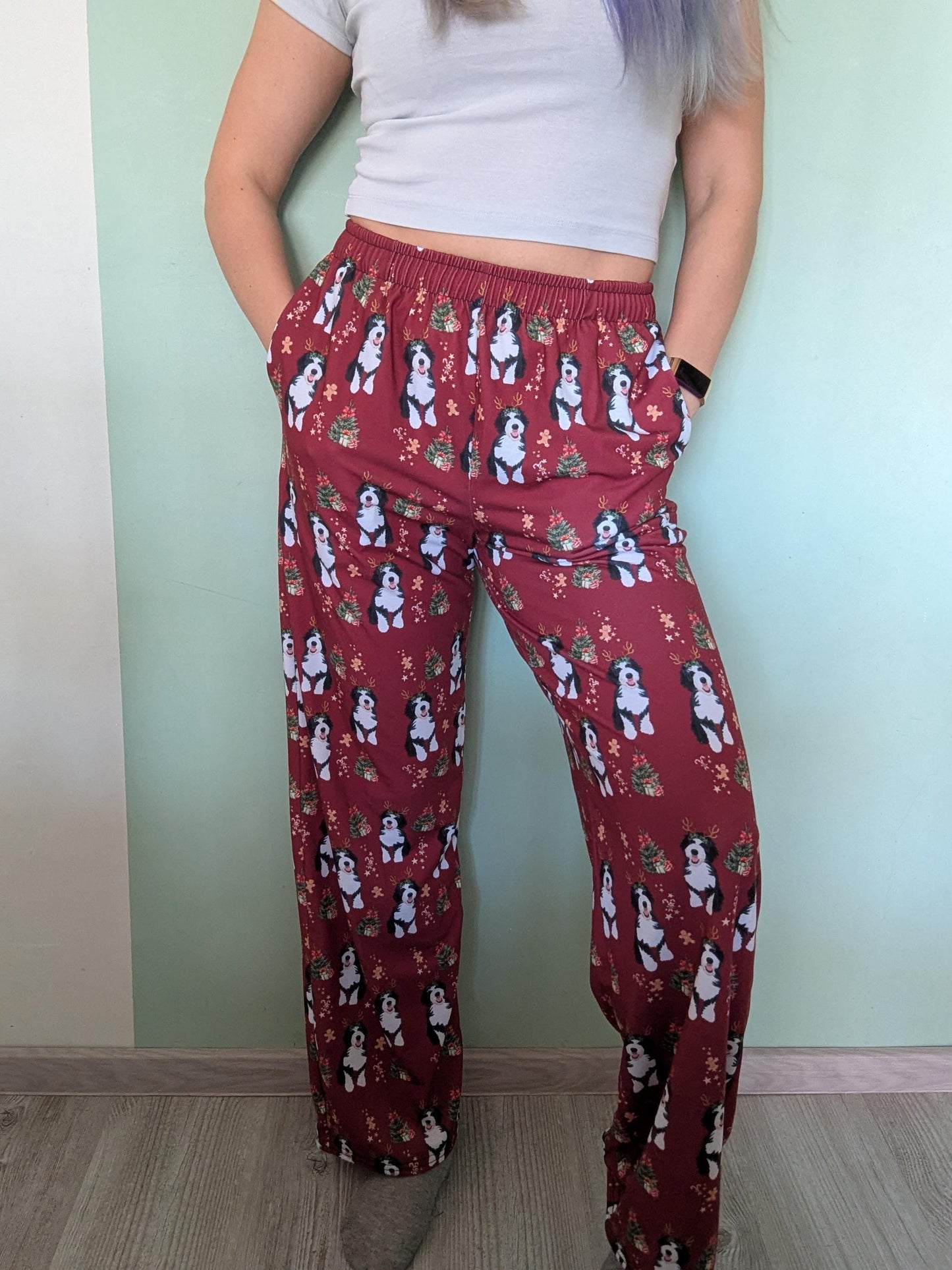 Christmas Bernedoodle pajama pants, wide leg unisex doodle pants, doodle mom gift, bernedoodle gift, dog pajamas pants, sister birthday gift