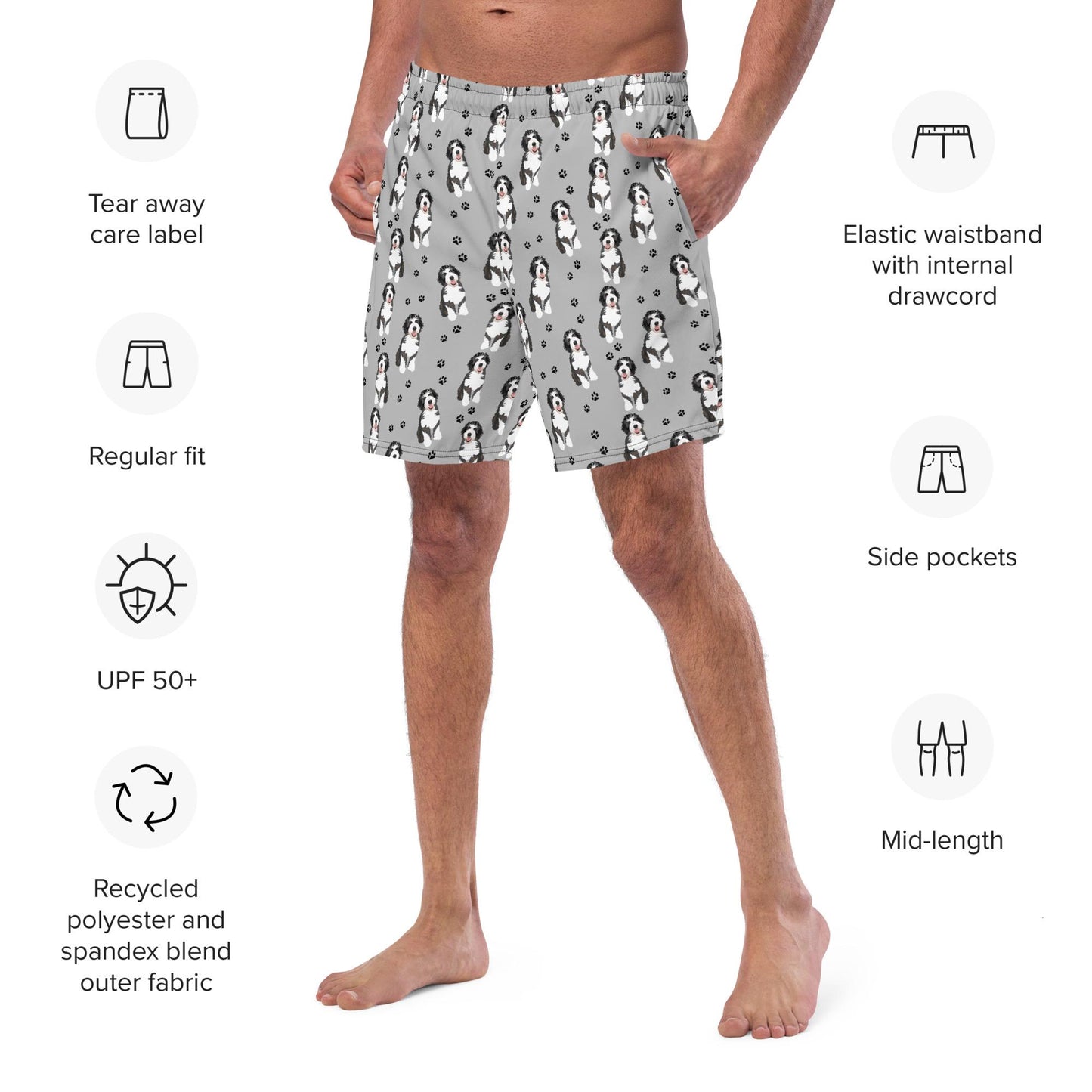 Bernedoodle dad gift, summer swim shorts for men, y2k swim trunks, boyfriend swimshort, husband gift, summer gift for him, bernedoodle gift