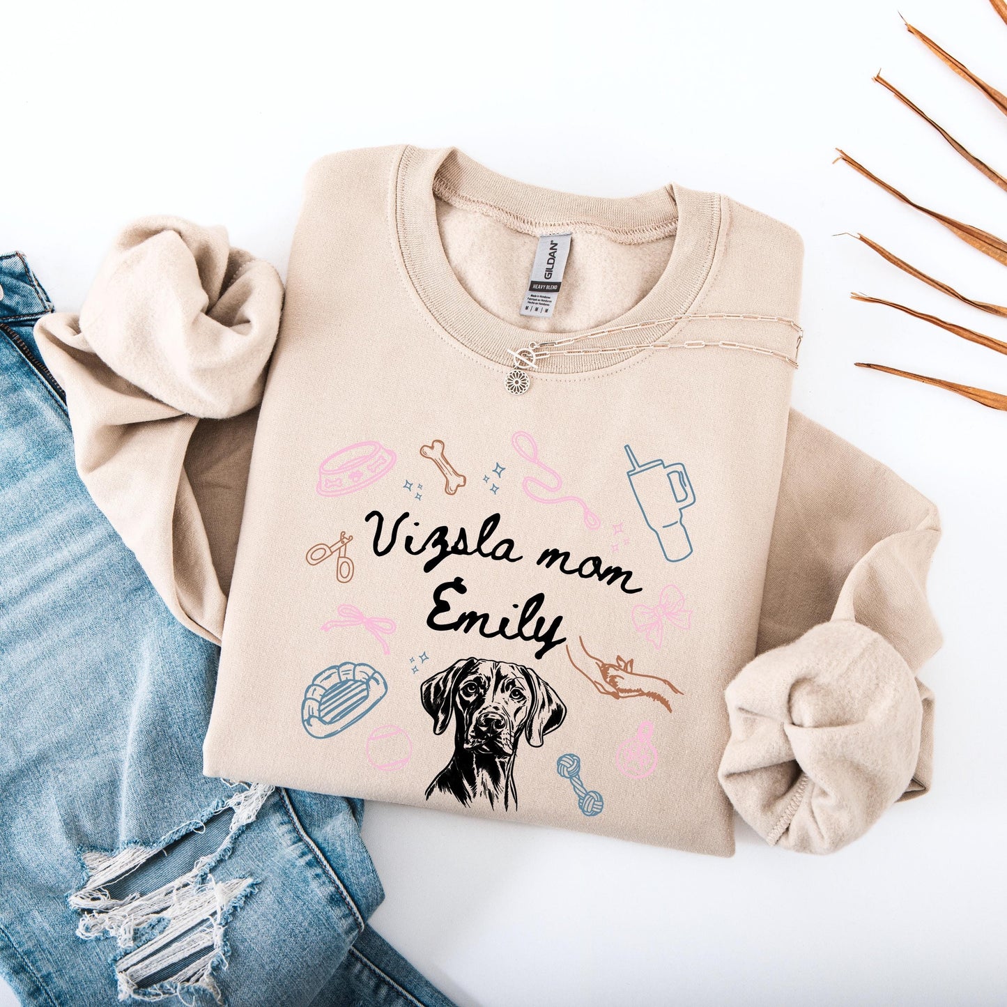 Personalized Vizsla mom sweatshirt with doodle line artworkflat lay view