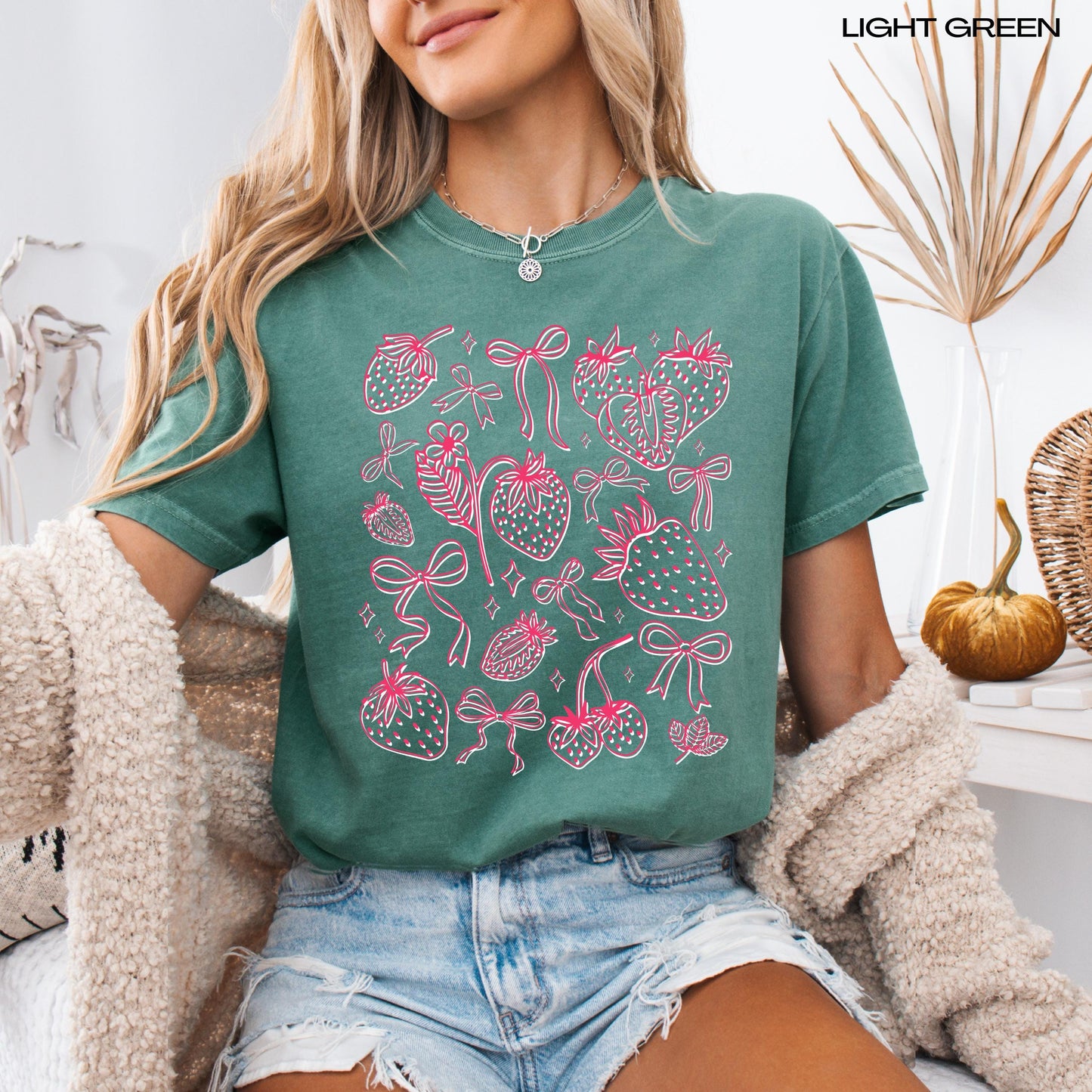 Wild strawberry and bows summer comfort colors 1717 light green shirt for women