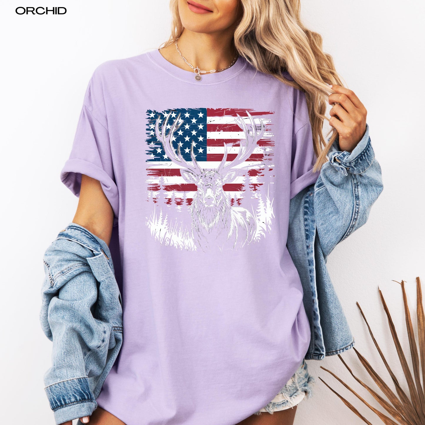 Unisex American deer comfort colors orchid t-shirt for patriotic men and women