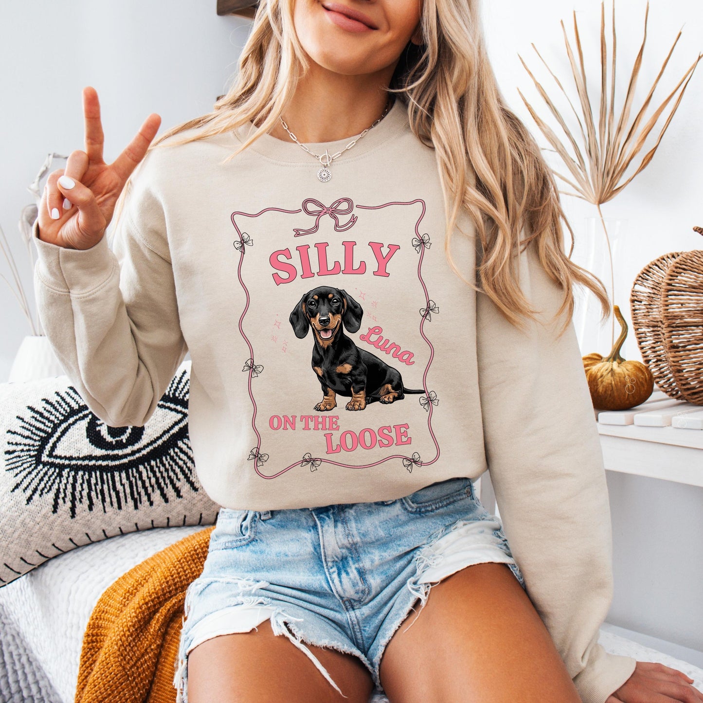 Personalized Silly Dachshund On The Loose Shirt, doxie mom sweatshirt, sausage dog tee, pet mama gifts, sister birthdya gift, dachshunf gift
