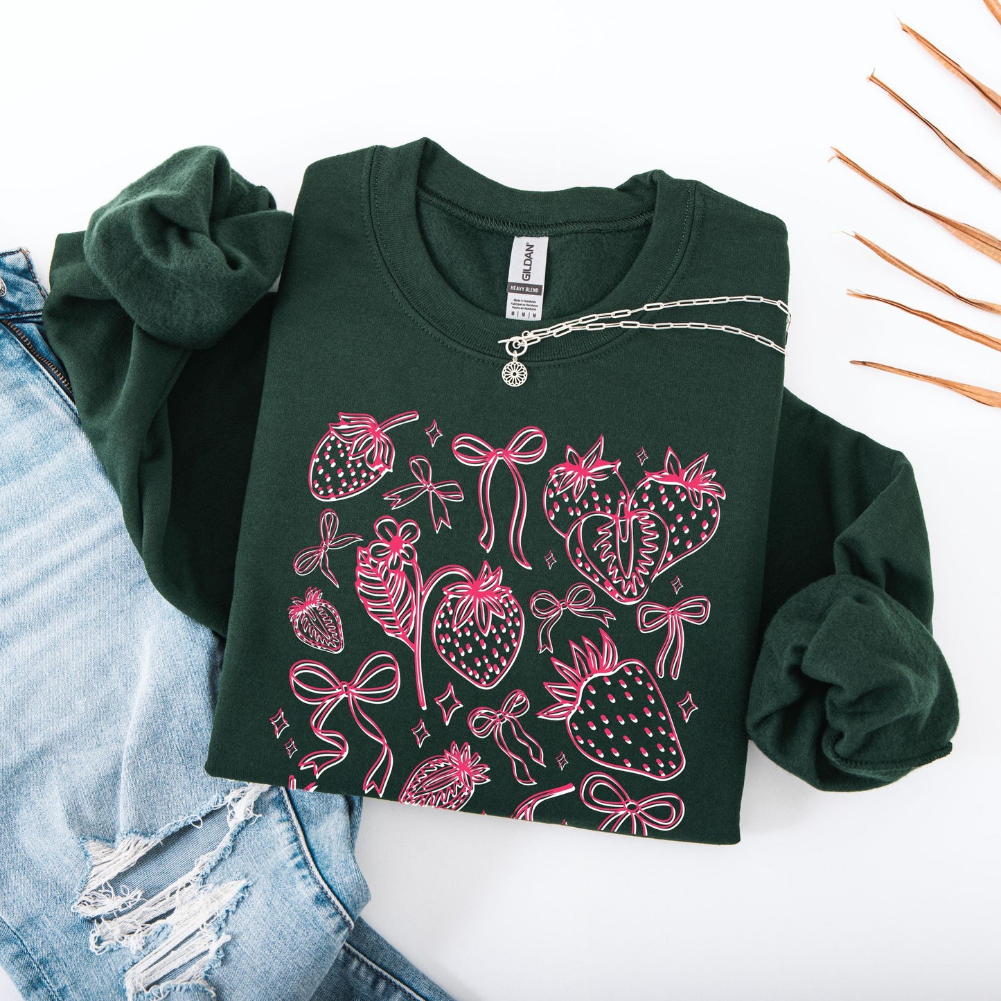 Wild strawberry and bows summer gildan 18000 forest green sweatshirt for women