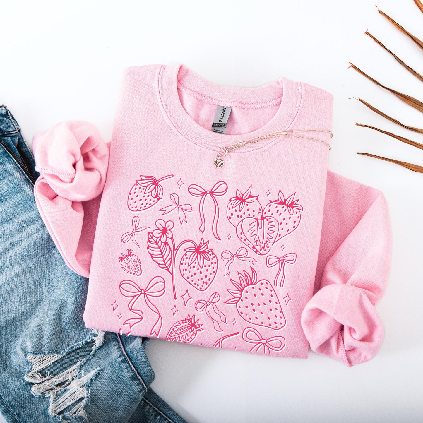 Wild strawberry and bows summer gildan 18000 light pink sweatshirt for women