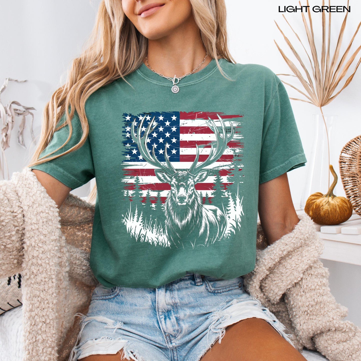 Unisex American deer comfort colors light green t-shirt for patriotic men and women