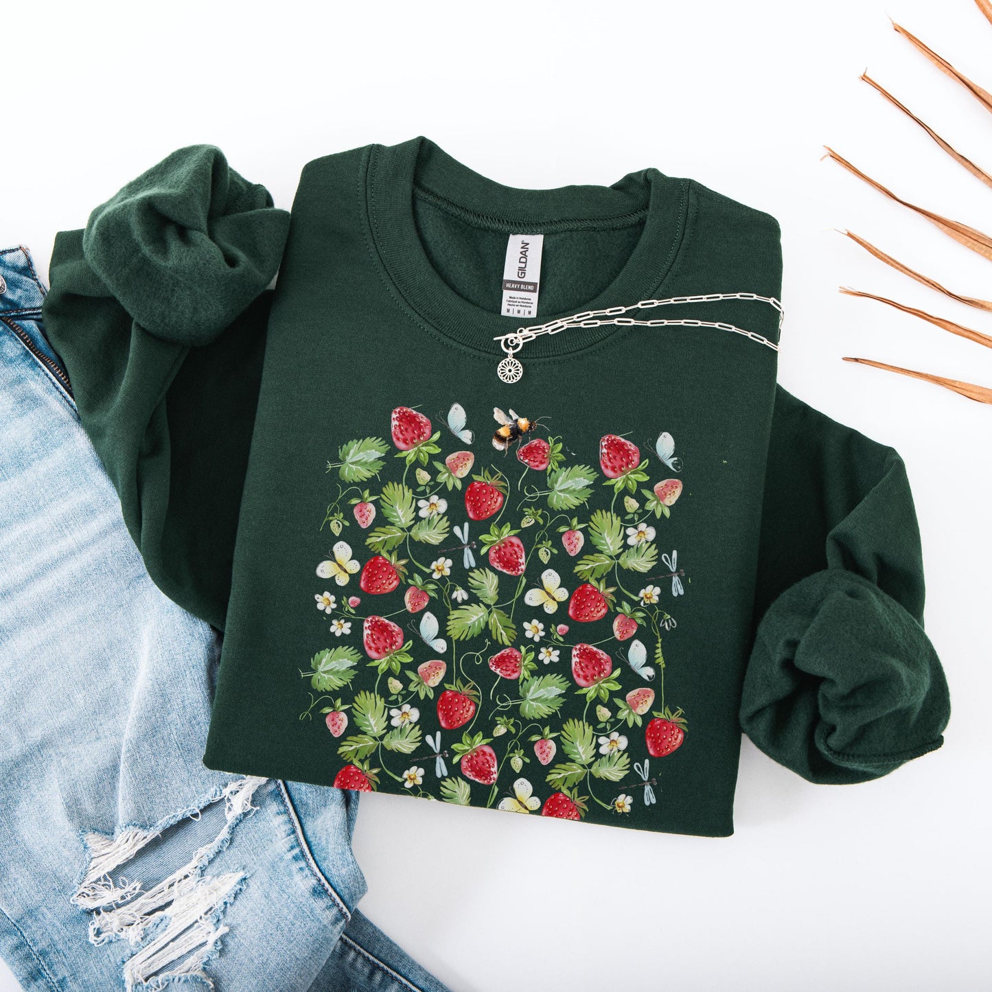 Fresh wild strawberries forest green sweatshirt for women