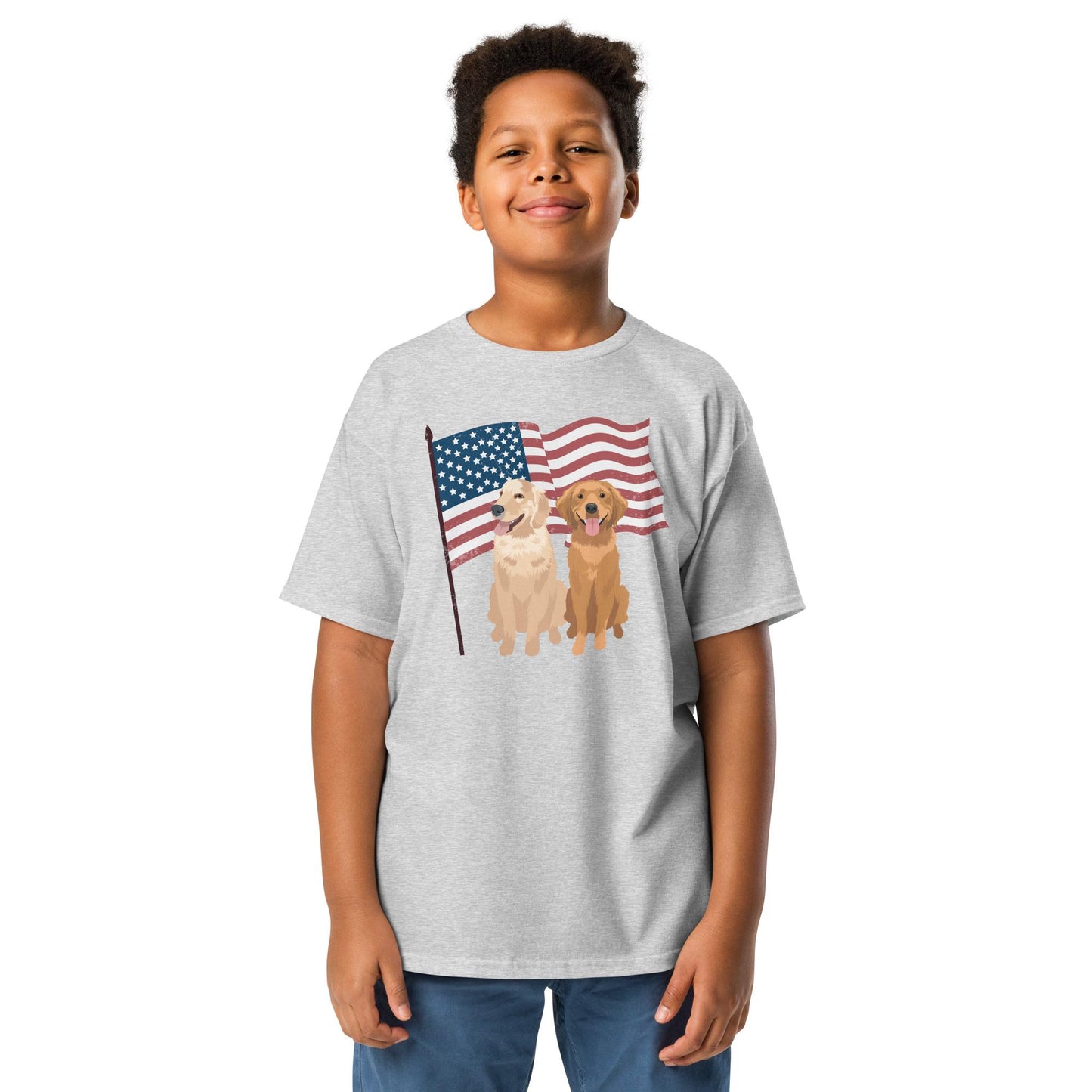 A young boy wearing 4th of July Golden Retriever youth t-shirt in color sports grey.