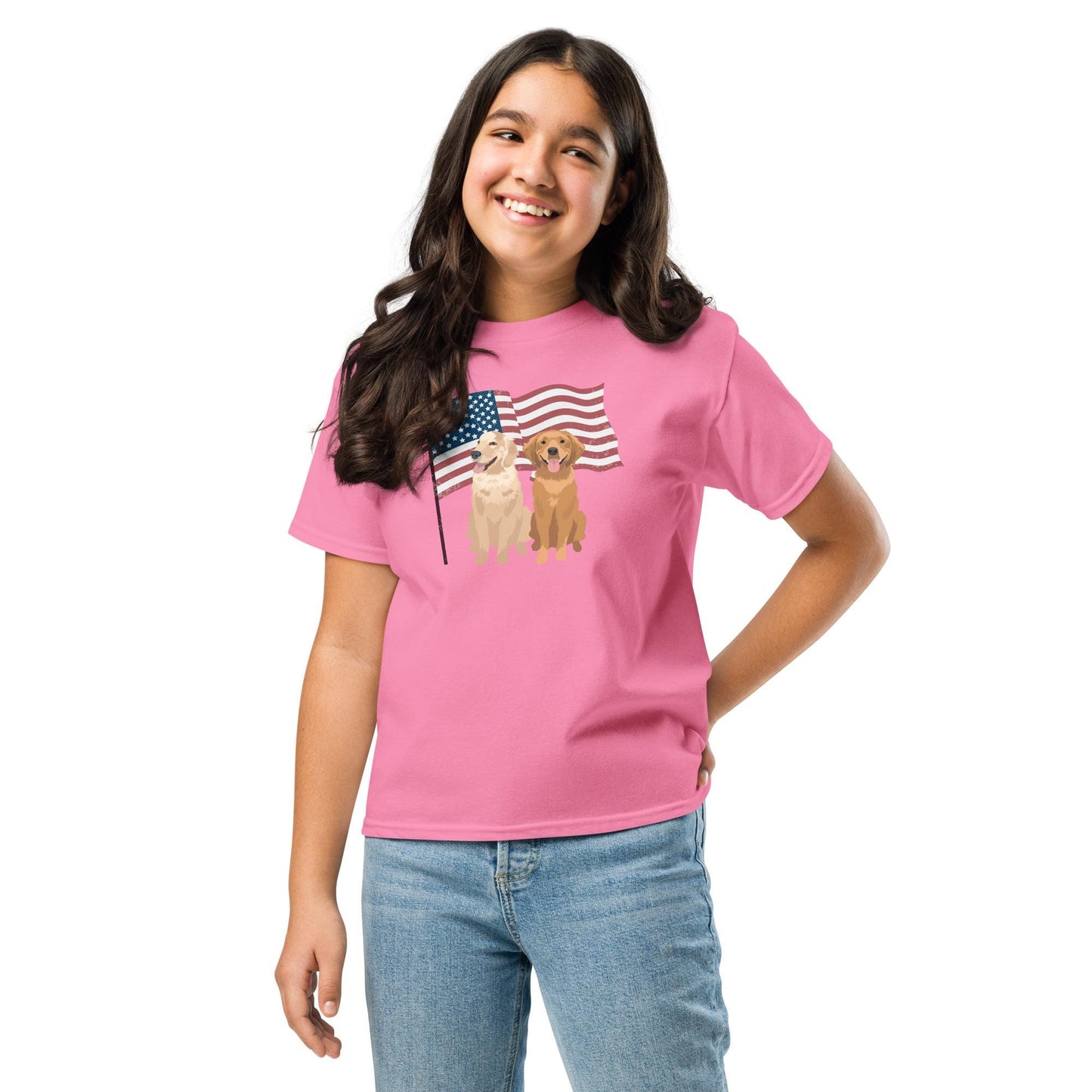 A young girl wearing 4th of July Golden Retriever youth t-shirt in color bright pink.