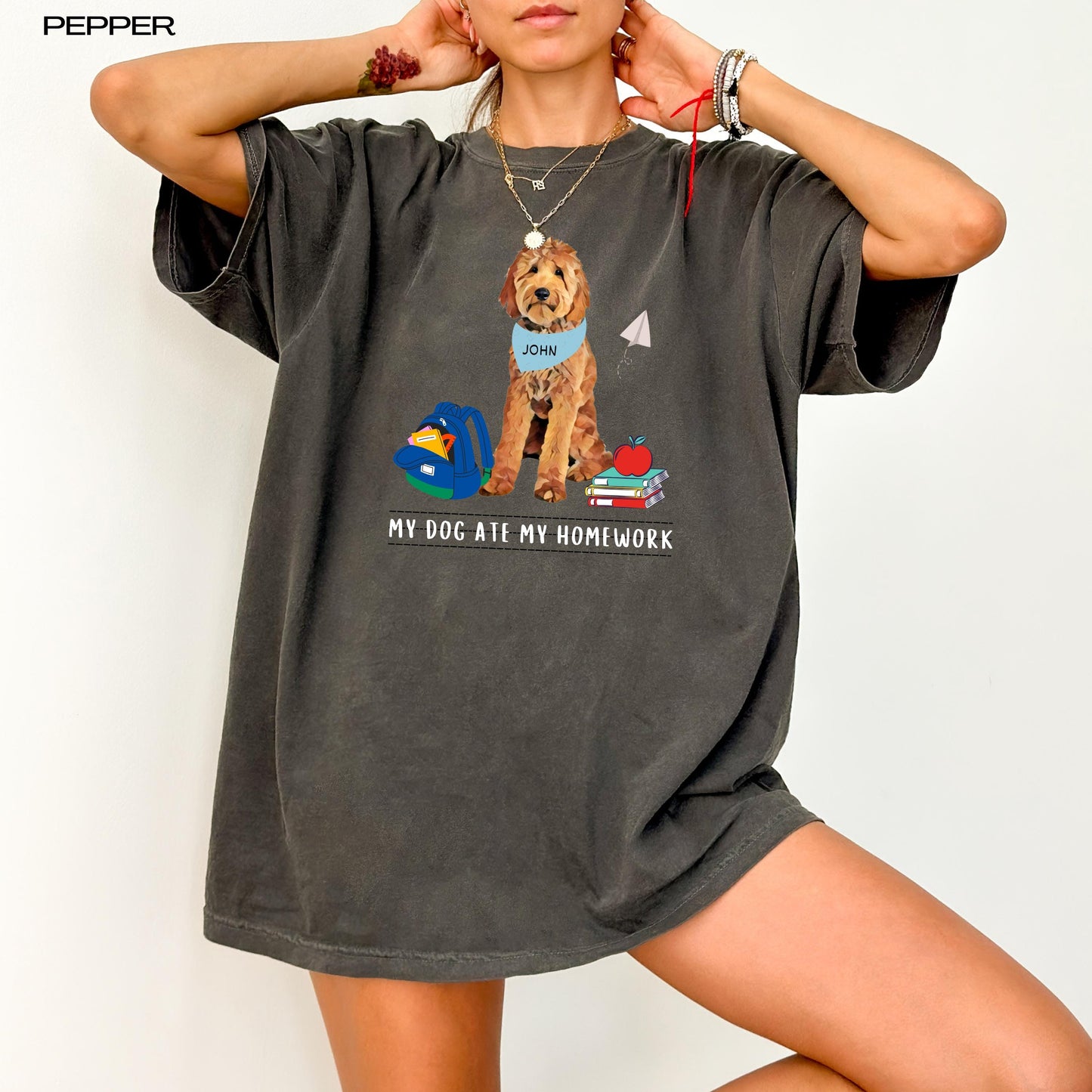 Funny Goldendoodle Ate My Homework T-Shirt on a womans body