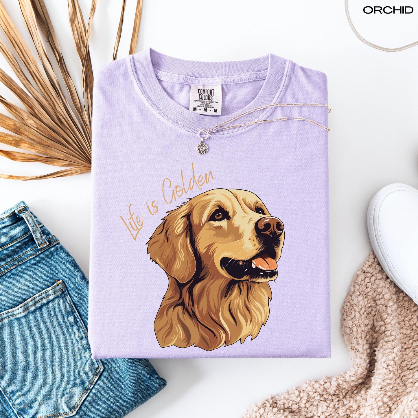 "Life Is Golden" retriever dog mom comfort colors t-shirt in color orchid.