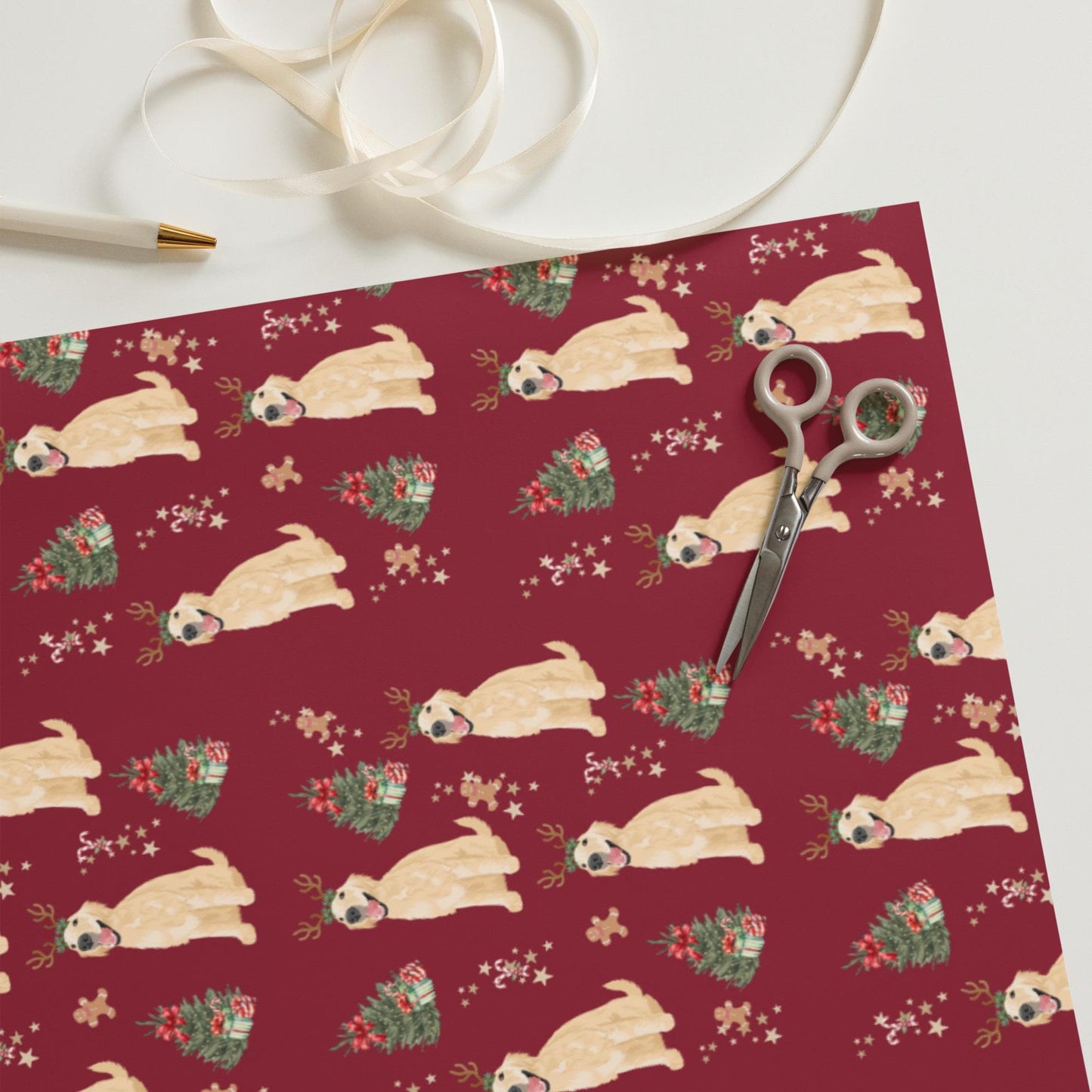 Christmas Golden Retriever Wrapping Paper, 3 sheets burgundy navy, golden dog xmas gift, dog mama gift, dogs first Christmas, life is golden