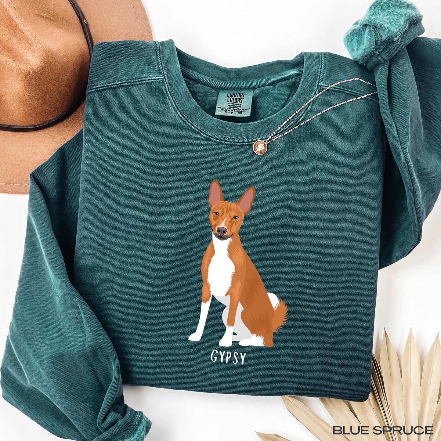 Personalized Basenji Sweatshirt | Basenji Lover Gift featuring a Basenji illustration named Gypsy.