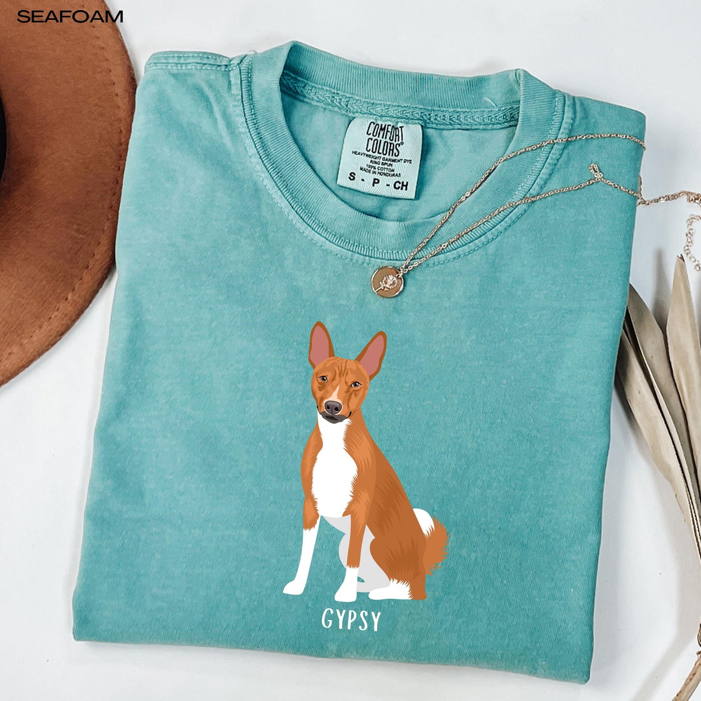 Personalized Basenji Sweatshirt | Basenji Lover Gift featuring a Basenji dog illustration on a seafoam background.