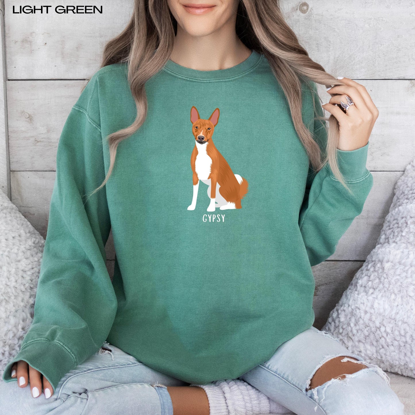 Personalized Basenji Sweatshirt | Basenji Lover Gift featuring a stylish design in light green.