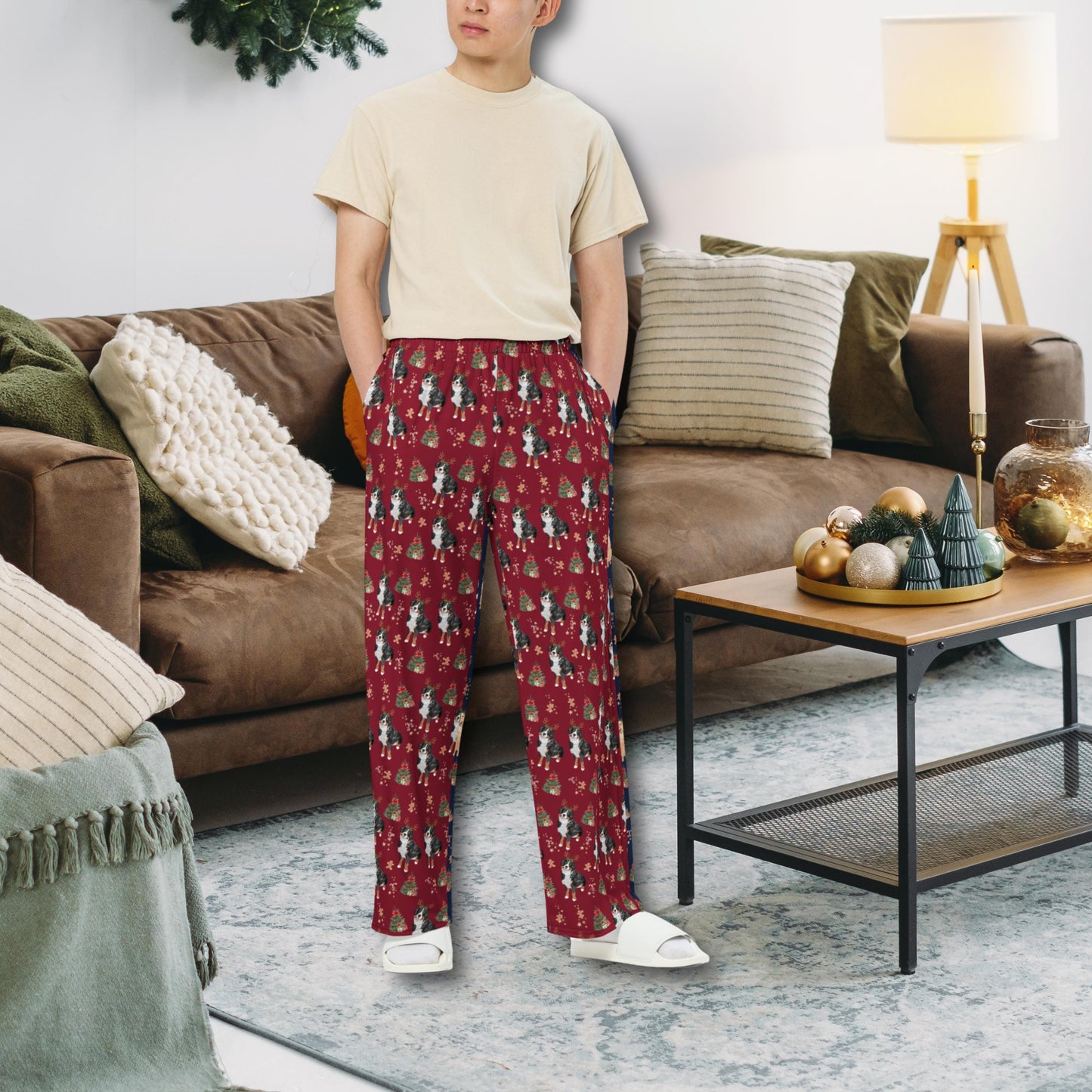 Christmas Bernese Mountain Dog Pajama Pants: Unisex Wide Leg