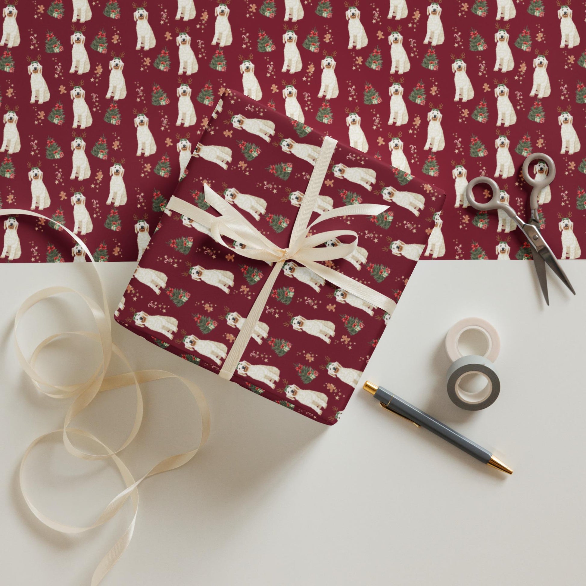 Christmas White Goldendoodle Wrapping Paper Sheets