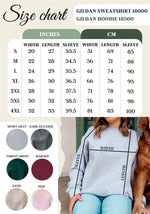 Gildan 18000 lightweight sweatshirt crewneck size chart and color chart