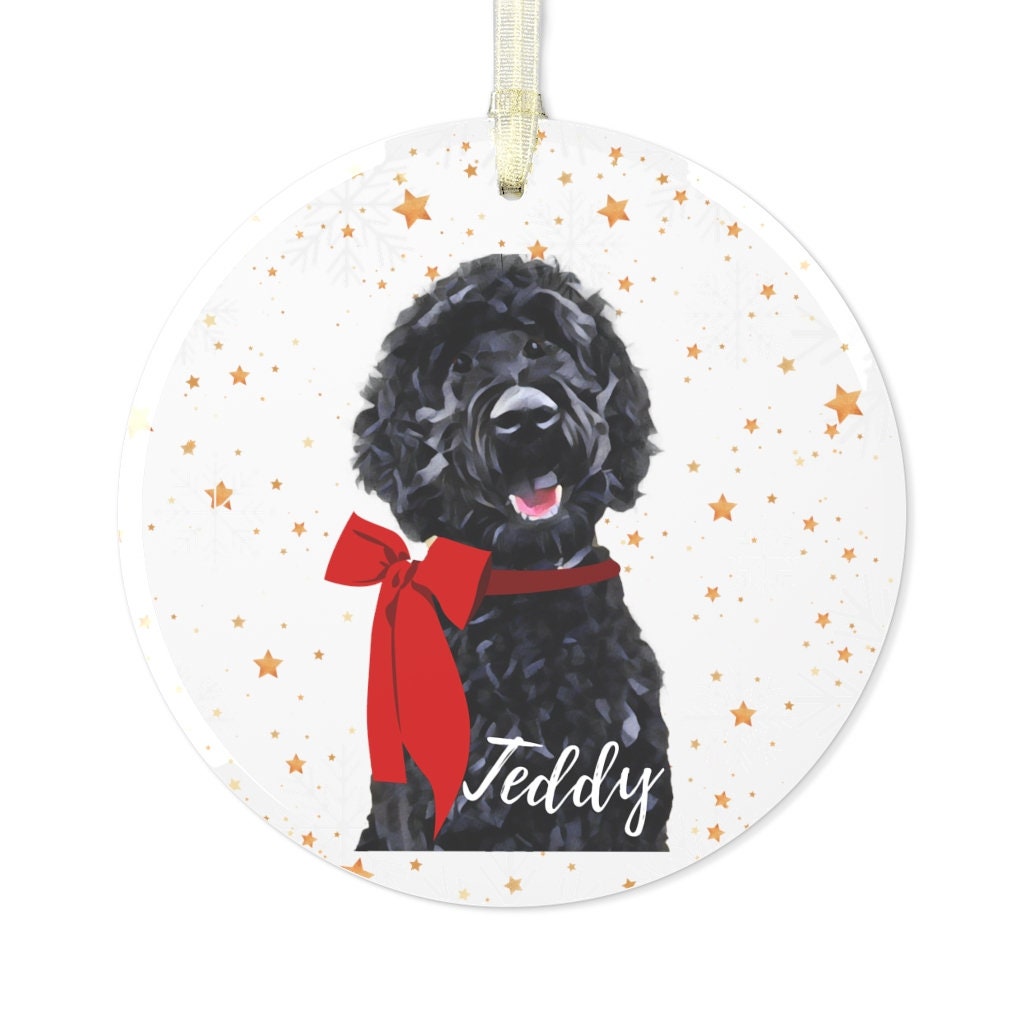 Black Goldendoodle Ornament With Dogs Name | Glass | Red Bow ywd4kc-br.myshopify.com