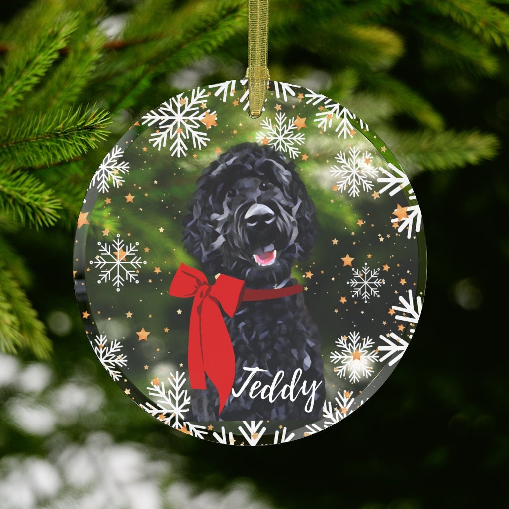 Black Goldendoodle Ornament With Dogs Name | Glass | Red Bow ywd4kc-br.myshopify.com