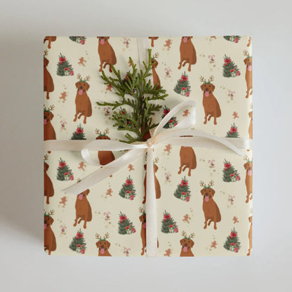 Gift wrapped in Christmas wrapping paper with red fox labrador and Christmas tree pattern on a cream background