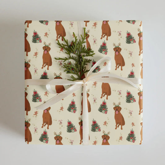 Gift wrapped in Christmas wrapping paper with red fox labrador and Christmas tree pattern on a cream background