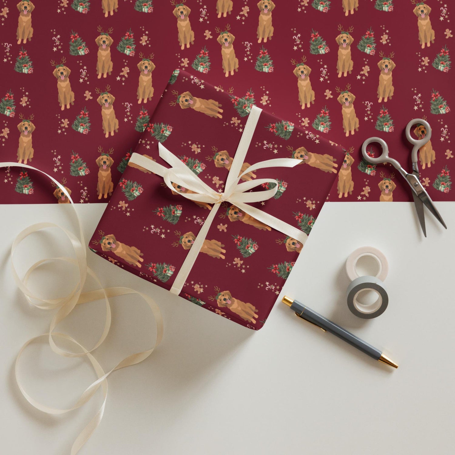 Christmas Red Golden Retriever Wrapping Paper Sheets, golden dog xmas gift, dog owner gift, stocking stuffer, xmas festive gift ywd4kc-br.myshopify.com