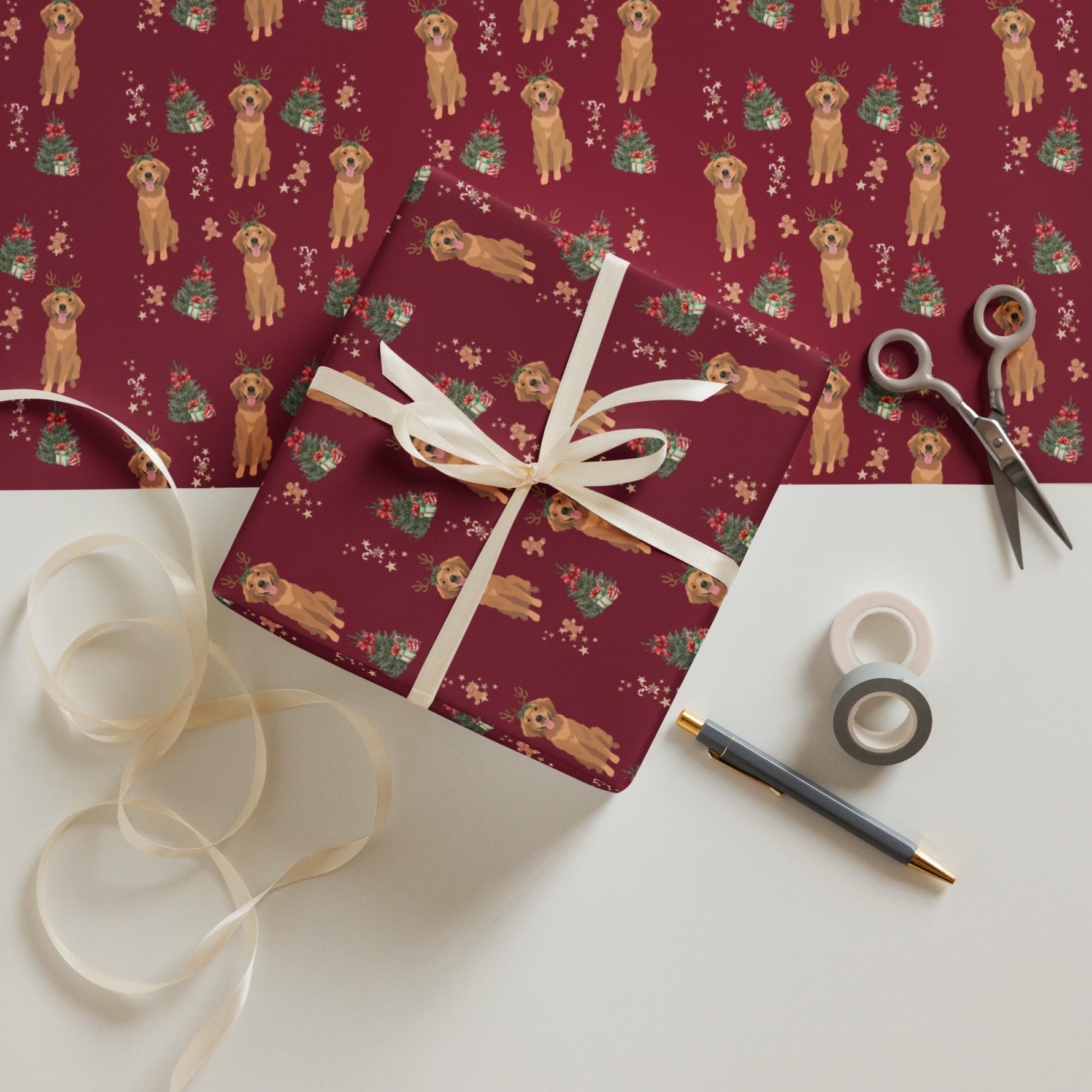 Christmas Red Golden Retriever Wrapping Paper Sheets, golden dog xmas gift, dog owner gift, stocking stuffer, xmas festive gift ywd4kc-br.myshopify.com