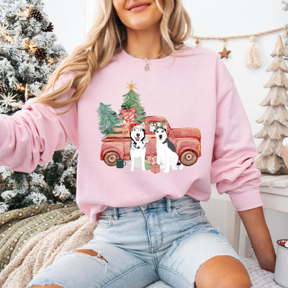 Christmas Truck Siberian Husky Sweatshirt, Alaskan Malamute Christmas gift, red husky mom, Valentine day wife birthday gift, gift for her ywd4kc-br.myshopify.com
